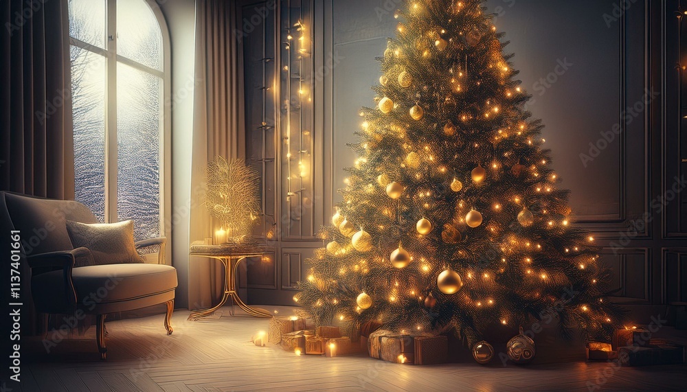 Fototapeta premium Gold-decorated Christmas tree with lights in a warm and cozy living room 
