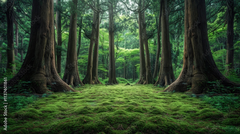Obraz premium High-end photography of a dense, ancient forest with towering trees and a carpet of moss