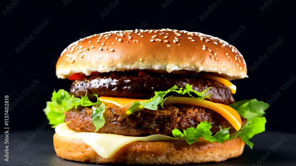 Juicy cheeseburger on a dark background. A close-up spotlight shines on a cheeseburger that is a true work of culinary art, with its layers of flavor and texture creating an irresistible visual feast. Juicy cheeseburger on a dark background. A close-up spotlight shines on a cheeseburger that is a true work of culinary art, with its layers of flavor and texture creating an irresistible visual feast.
