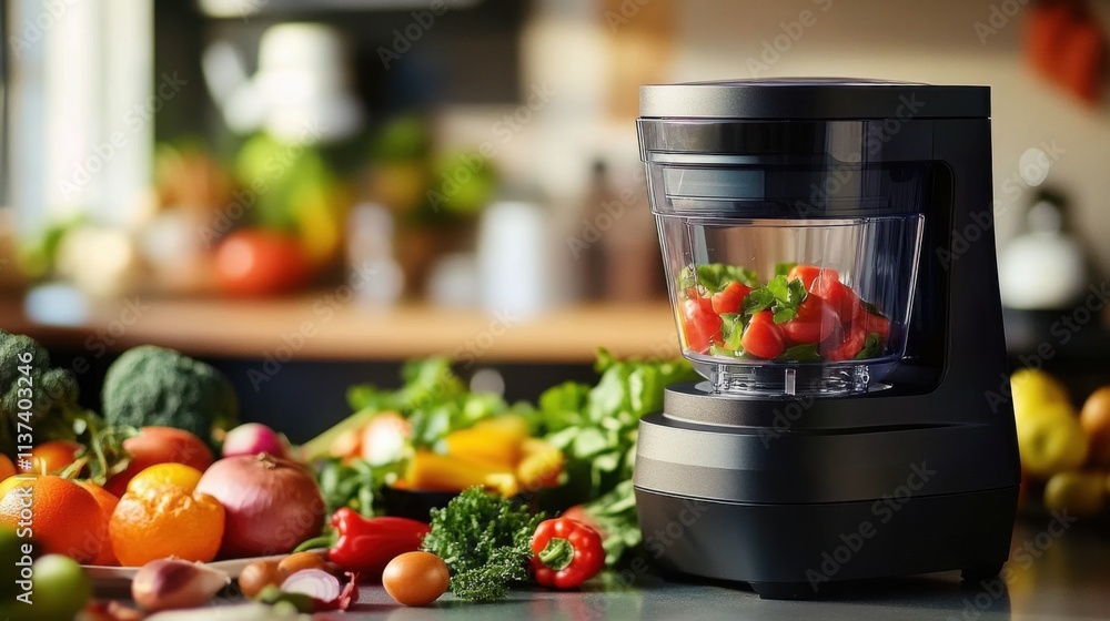 Sleek food processor on modern kitchen countertop surrounded by fresh vegetables and fruits, showcasing efficient kitchen appliance for healthy cooking and meal preparation Sleek food processor on modern kitchen countertop surrounded by fresh vegetables and fruits, showcasing efficient kitchen appliance for healthy cooking and meal preparation