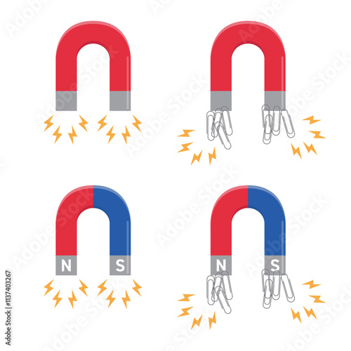 U shaped magnet vector illustration on white background. Magnets attract paper clips. Science class supplies.