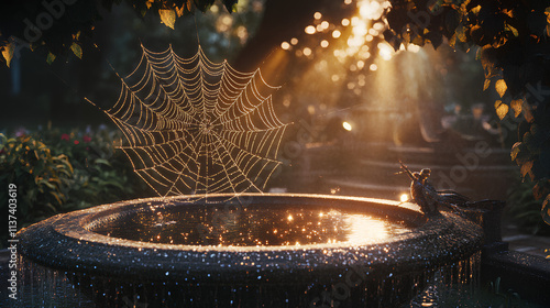 beautiful view of fountain in the park with spider web