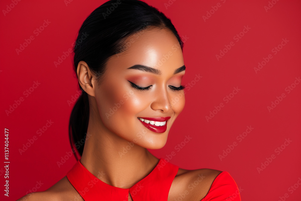 Portrait photo of a mixed race female model looking down at something with a smiling face isolated on a red background Portrait photo of a mixed race female model looking down at something with a smiling face isolated on a red background