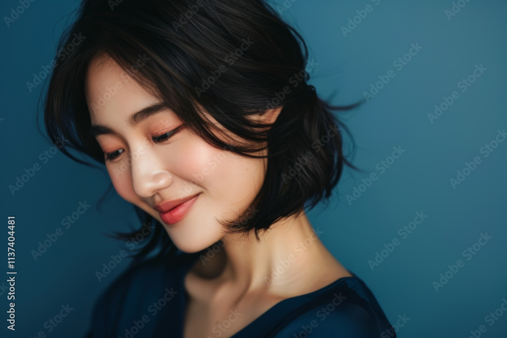 Portrait photo of a Asian female model looking down at something with a smiling face isolated on a blue background Portrait photo of a Asian female model looking down at something with a smiling face isolated on a blue background