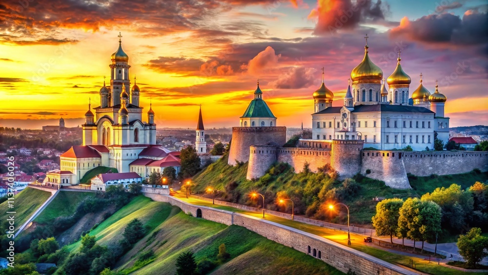 Fototapeta premium Alba Carolina Fortress, Orthodox Coronation Cathedral, Romania, Cityscape, Fortified City, Panoramic View, Stunning Architecture, Historical Landmark, Eastern Europe Travel