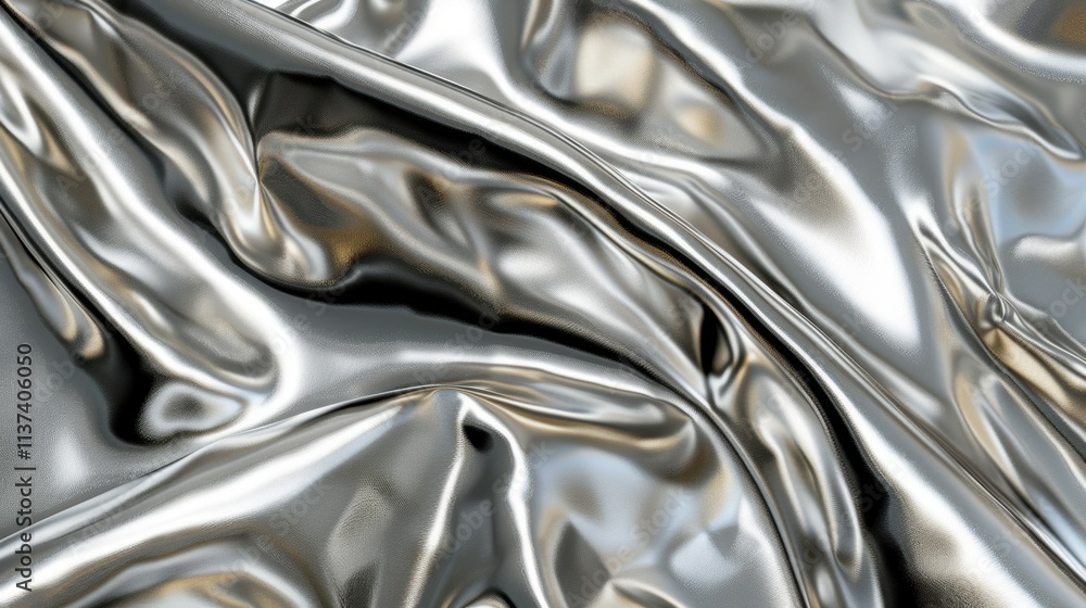 A close-up of crumpled silver fabric with a glossy texture. A close-up of crumpled silver fabric with a glossy texture.