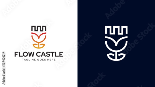 Flower castle shield line art logo design illustration