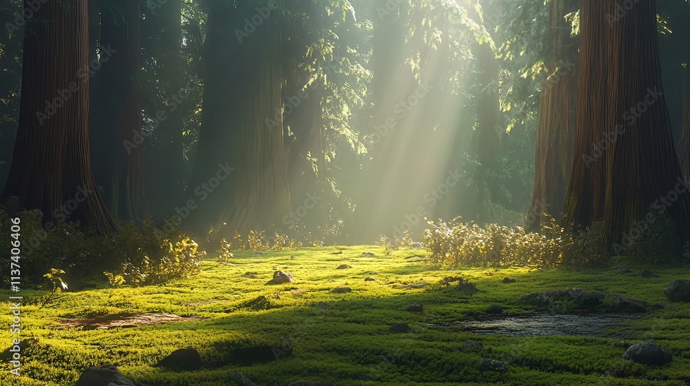 Obraz premium Sunbeams illuminate a mossy forest floor in a dense redwood grove.