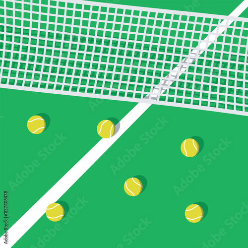 Tennis court vector background with net and tennis balls