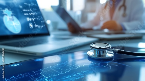 A stethoscope placed on medical books while a healthcare professional works in the background, representing medical education and research.	
