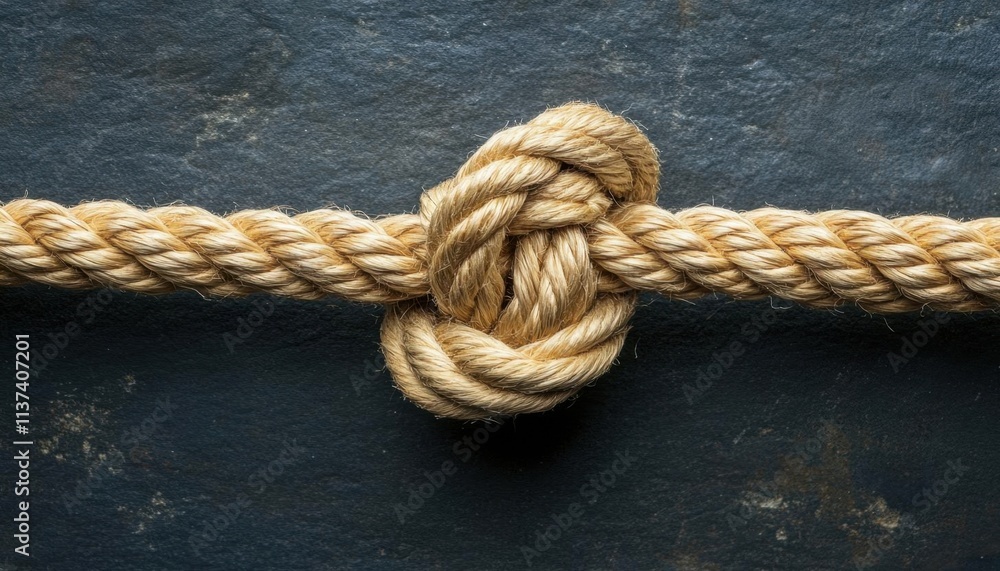 A close-up of a tied knot in a natural fiber rope on a dark surface.