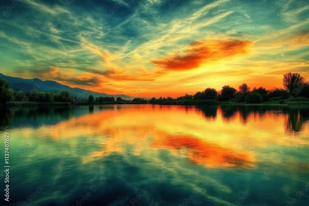 Fototapeta premium A serene sunset over a tranquil lake reflecting vibrant colors.