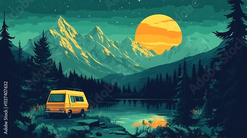 Tranquil Evening at Mountain Lake A Serene Landscape Featuring a Vintage Camper Van for Travel and Adventure Photography,Ideal for Postcards