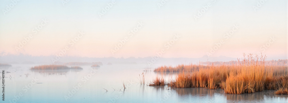 Fototapeta premium Sunrise Over Misty Wetlands Reflecting Soft Light