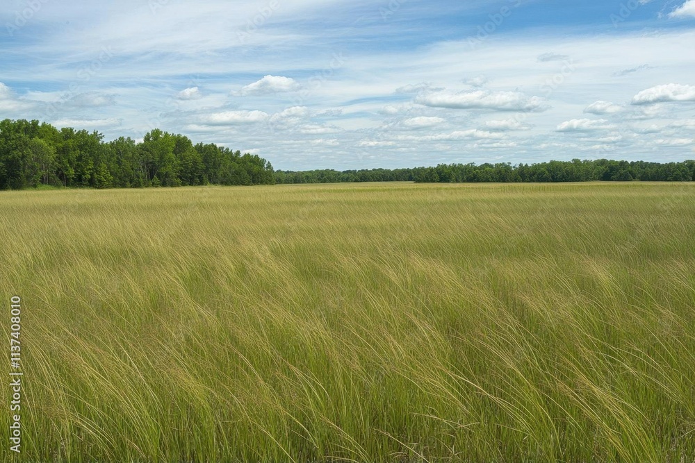 Lush green grass swaying under a bright blue sky with scattered clouds. Lush green grass swaying under a bright blue sky with scattered clouds.