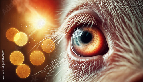 A detailed close-up of an animal eye with vibrant fiery reflections, capturing depth and intensity in the fur details photo