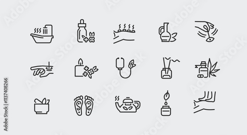 Alternative Medicine icons. Set of icons representing various practices and elements of alternative medicine. Includes Herbal Medicine, Acupuncture, Chiropractic, Yoga, Meditation. Vector illustration