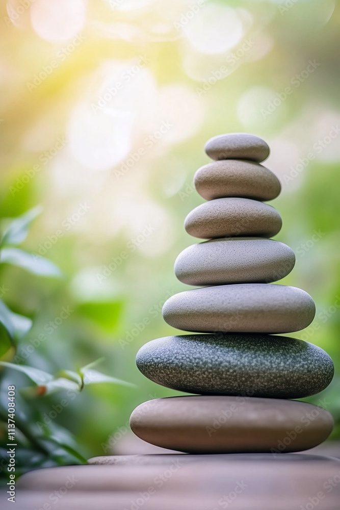 Tall stack of balanced stones on a green bokeh background Tall stack of balanced stones on a green bokeh background
