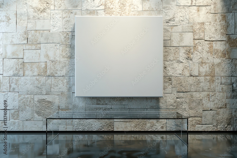 Spacious exhibition hall with a blank canvas on a stone wall and modern glass bench. Spacious exhibition hall with a blank canvas on a stone wall and modern glass bench.