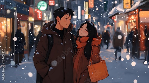 Romantic Couple Enjoying a Snowy Winter Night in a Beautifully Lit Asian Town Perfect for Valentines Day,Winter Romance,or Travel Posters