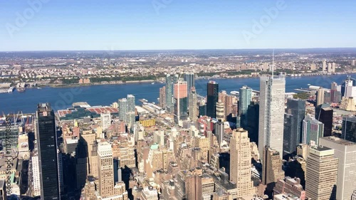 High-angle aerial view of Lower Manhattan skyline, capturing the heart of New York City