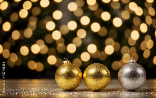 Three shiny Christmas ornaments in gold and silver against a blurred festive background.