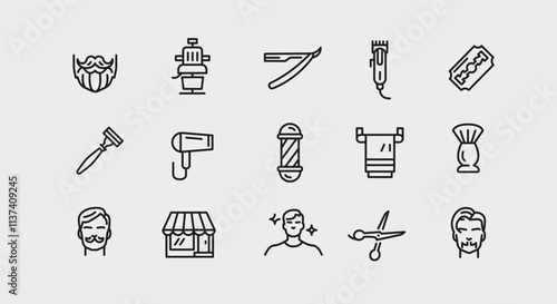 Barbershop and grooming icons. 15 barbershop and grooming trendy minimal icons. Barber Pole, Beard, Razor icon. Design signs for web page, mobile app, packaging design. Vector illustration