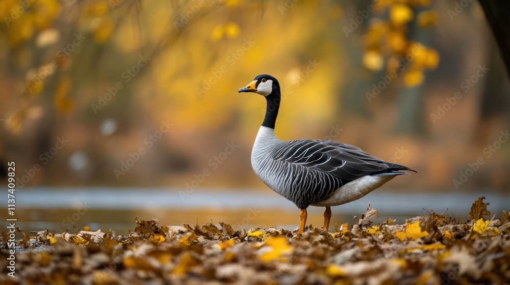 Goose in Autumn Leaves by a Lake Goose in Autumn Leaves by a Lake
