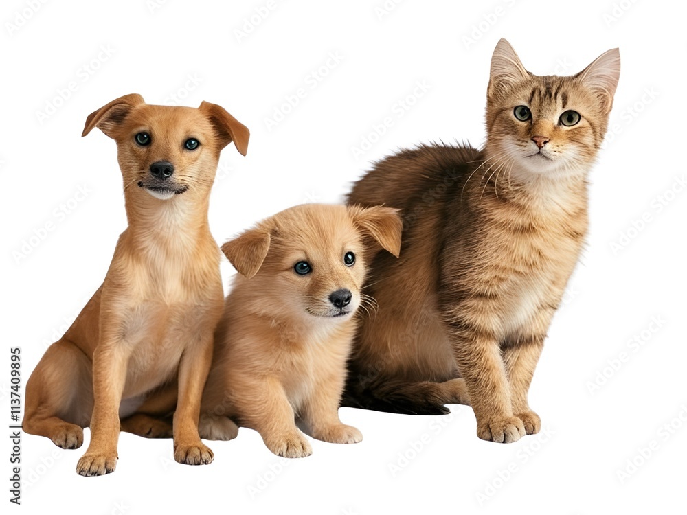 Obraz premium A cat sitting with two puppies on white background