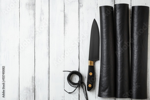 Rolls of black leather and a knife on a tanner table background... photo