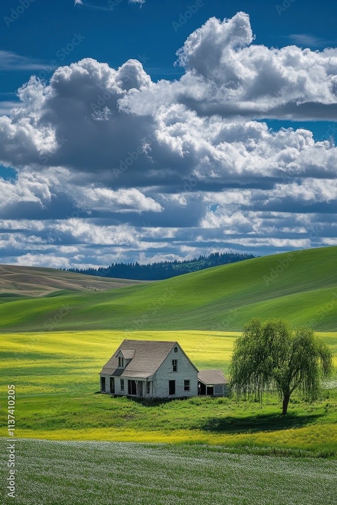 A serene landscape featuring a quaint farmhouse amidst rolling green hills. A serene landscape featuring a quaint farmhouse amidst rolling green hills.