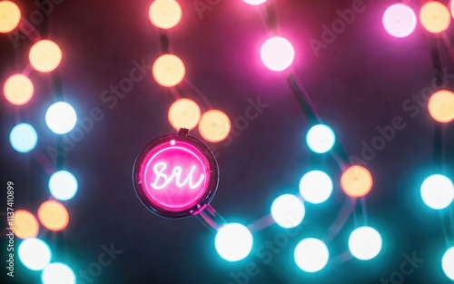 Colorful decorative lights with a neon element in a vibrant arrangement.
