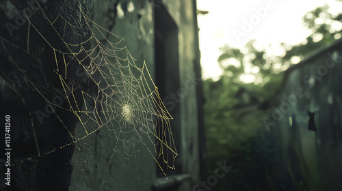 There are many spider webs in abandoned houses photo