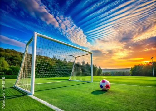Architectural Photography of a Modern Soccer Goal Surrounded by Lush Green Grass and a Vibrant Soccer Ball, Perfect for Sports Theme and Stadium Design Concepts