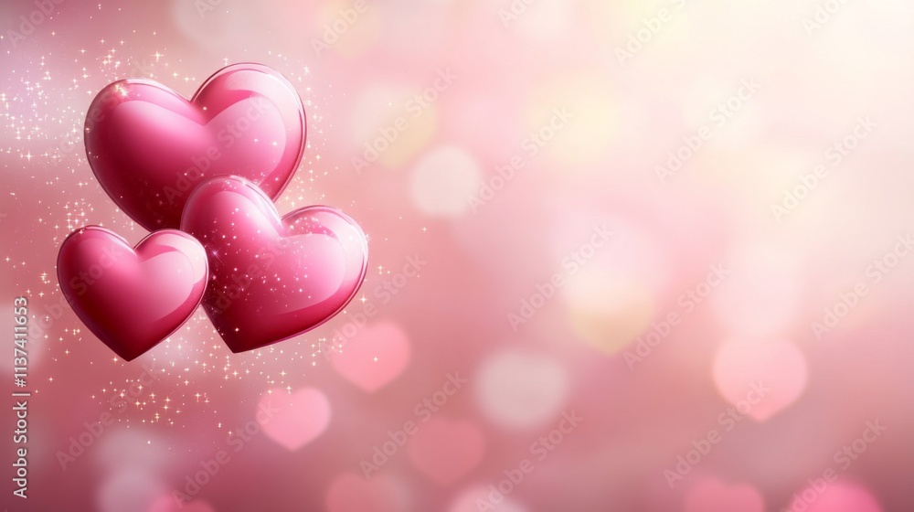 Three Glossy Pink Hearts Romantic Valentine Background Three Glossy Pink Hearts Romantic Valentine Background