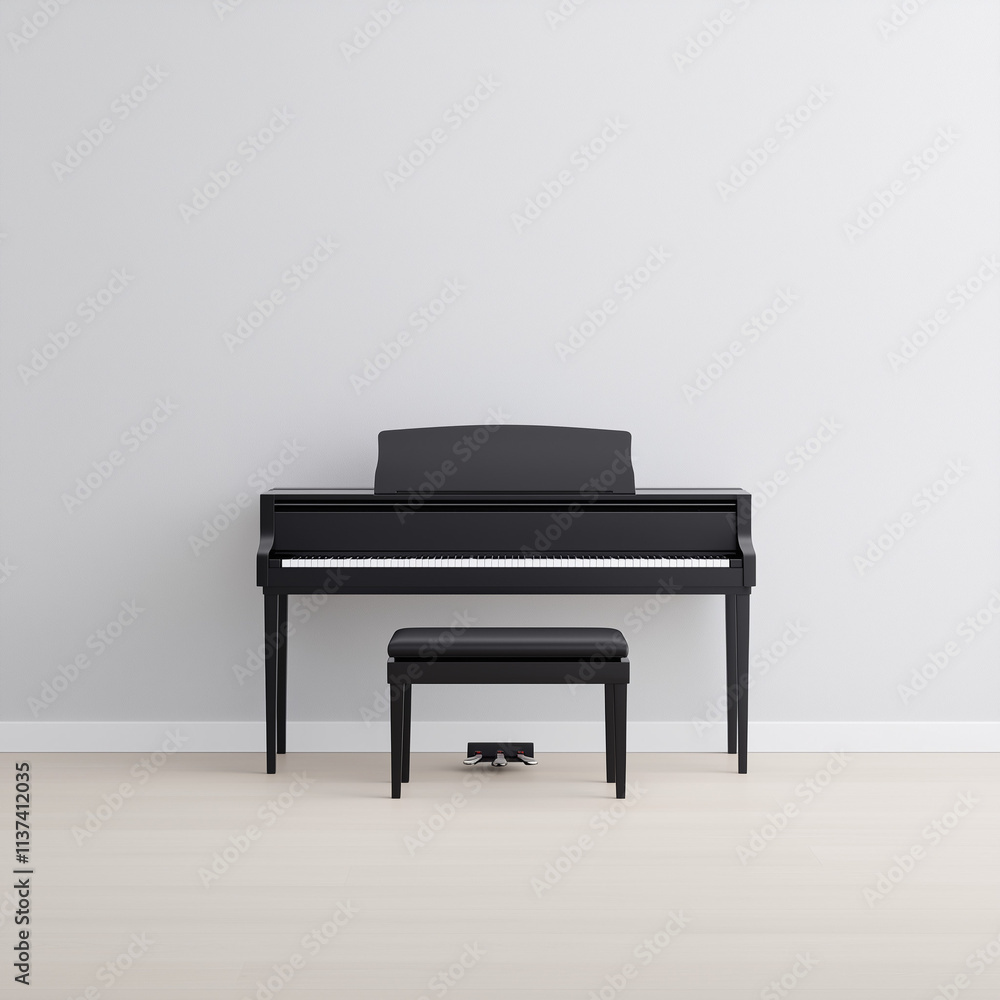 Music Corner with Ebony Piano, Ivory Keys, and Black Music Stand for Elegance