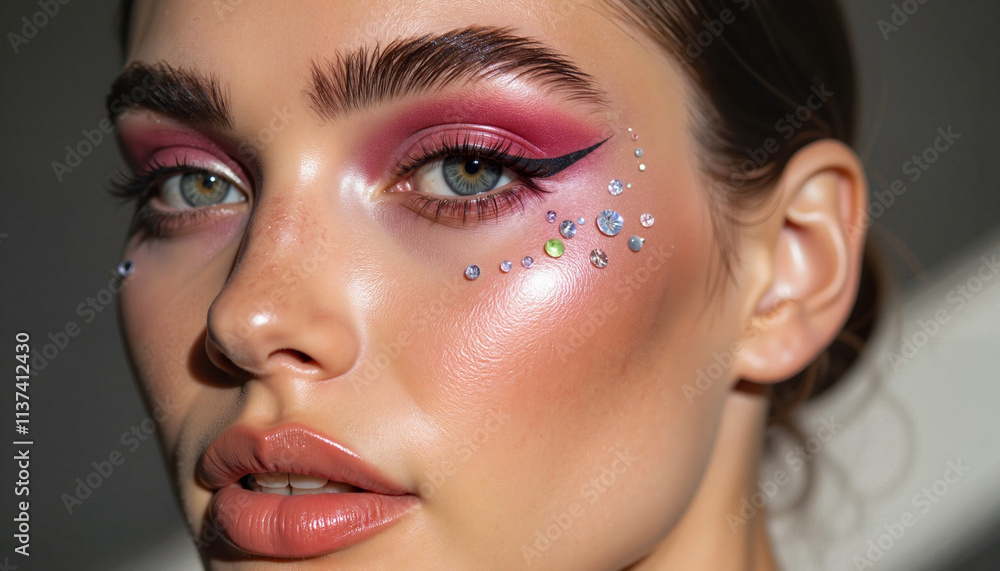 Makeup artist showcases vibrant and glamorous beauty look with sparkling accents in studio setting Makeup artist showcases vibrant and glamorous beauty look with sparkling accents in studio setting