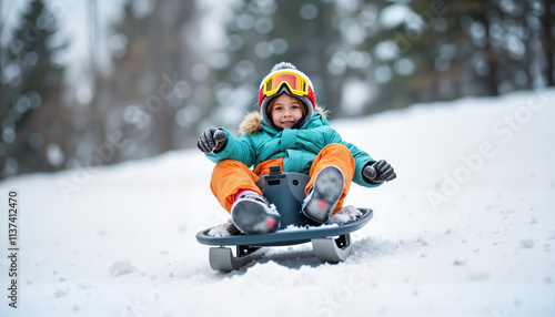 Child enjoys thrilling ride down snowy hill on a sled during winter day with clear blue sky
