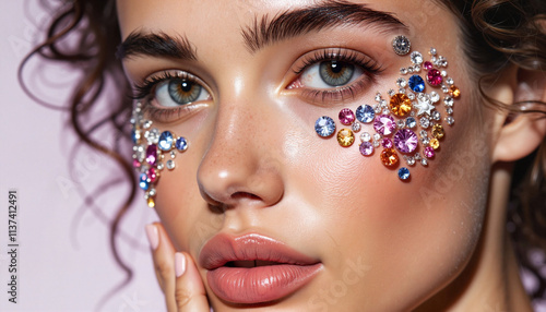 Stunning portrait of a model with sparkling gemstone face art in a playful expression
