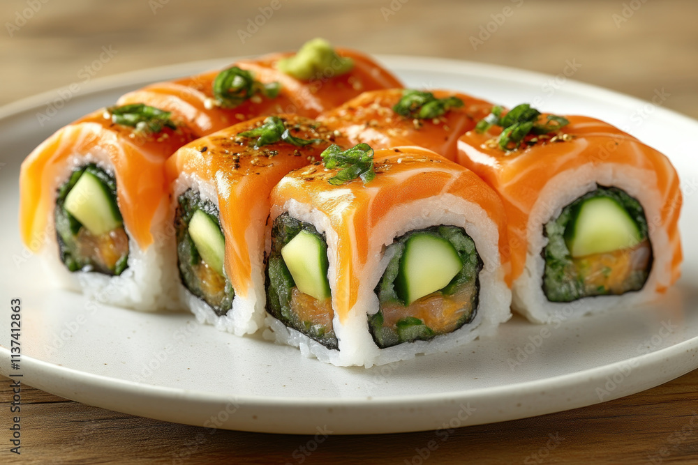 Salmon sushi rolls with avocado and cucumber on a white plate. Salmon sushi rolls with avocado and cucumber on a white plate.
