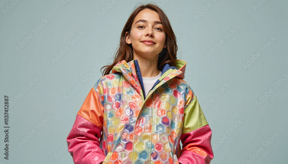 Young woman wearing colorful winter jacket in a studio setting with a neutral background Young woman wearing colorful winter jacket in a studio setting with a neutral background