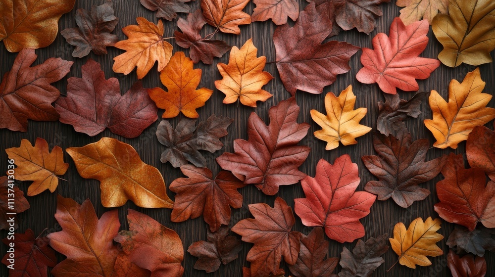 Fototapeta premium Autumn leaves arranged on dark wood background, flatlay textured background..
