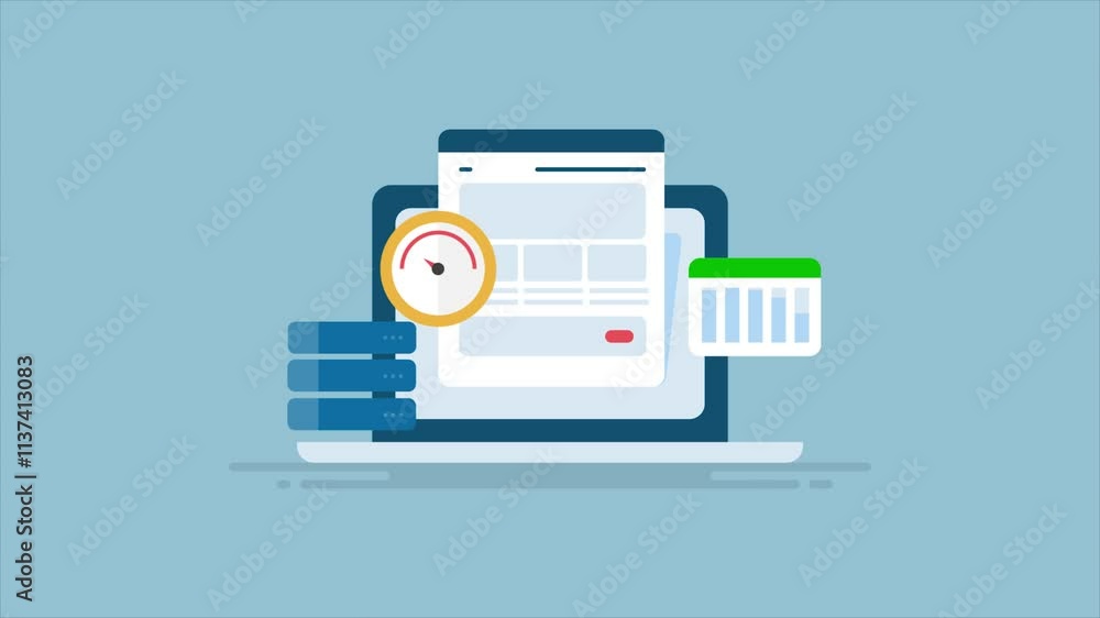 Web hosting CDN technology website optimization and server speed test, SEO score analytics data conceptual video animation. Web hosting CDN technology website optimization and server speed test, SEO score analytics data conceptual video animation.