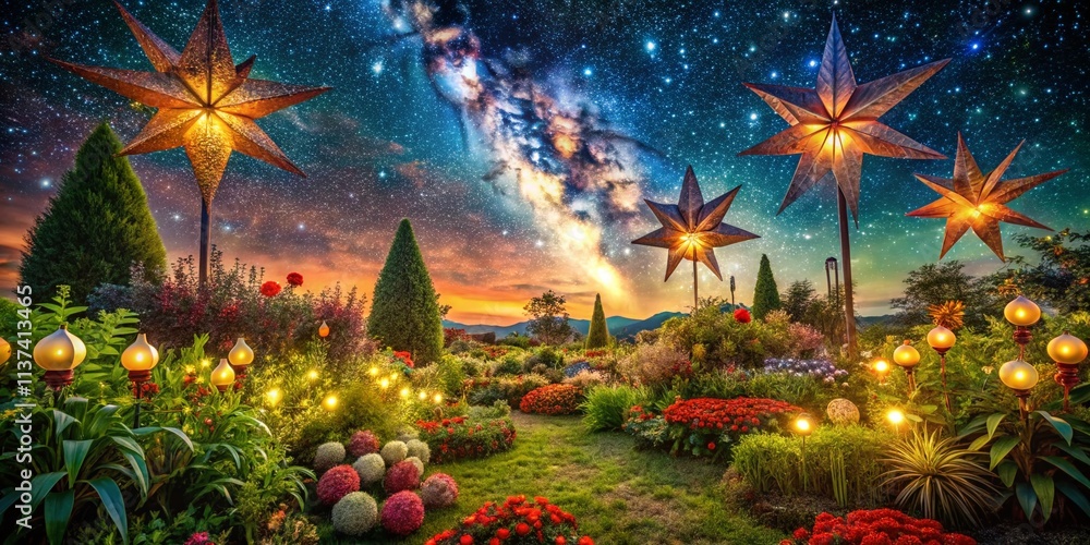 A Starry Row with Garden Decorations: Enchanting Night Scene Featuring Illuminated Rows of Decorative Plants and a Night Sky Full of Stars for a Magical Atmosphere A Starry Row with Garden Decorations: Enchanting Night Scene Featuring Illuminated Rows of Decorative Plants and a Night Sky Full of Stars for a Magical Atmosphere
