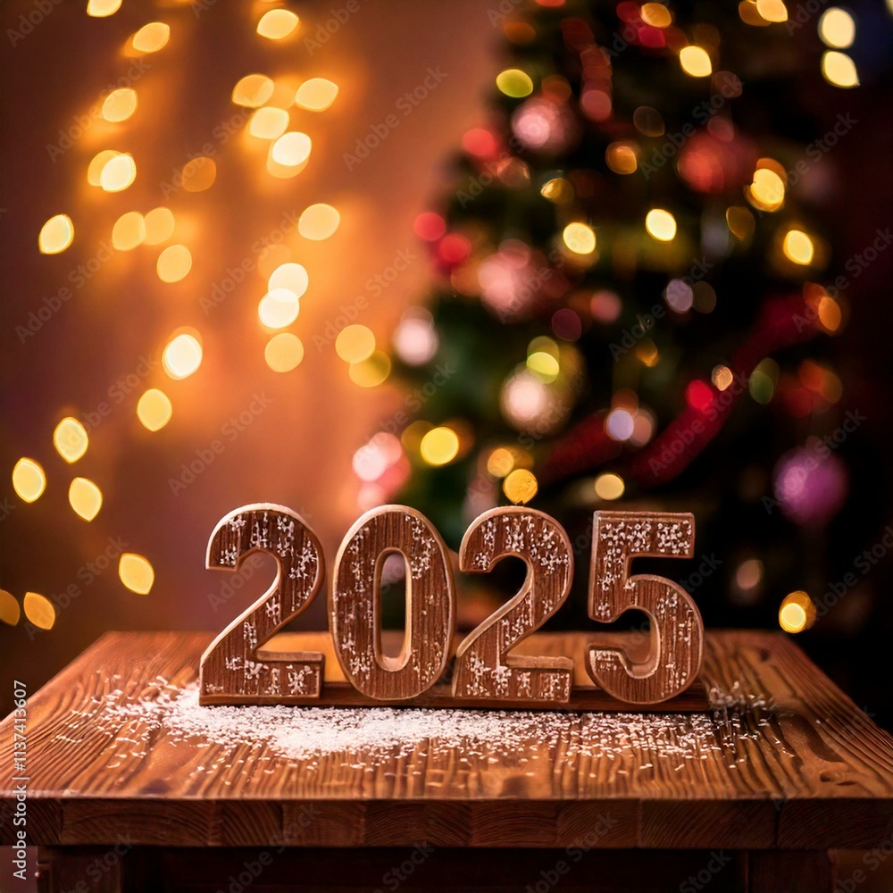 Cozy festive New Year 2025 decoration with bokeh Christmas tree lights and a wooden rustic display Cozy festive New Year 2025 decoration with bokeh Christmas tree lights and a wooden rustic display