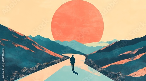 Solitary Figure on a Winding Road Leading Towards a Giant Sunset Over Majestic Mountains A Journey of Self Discovery and Tranquility Ideal for meditation