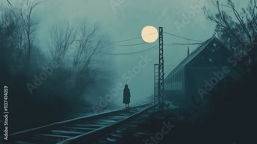 Solitary Figure on a Foggy Railroad Track at Night A Moody, Evocative Image Perfect for Novels, Films, or Games