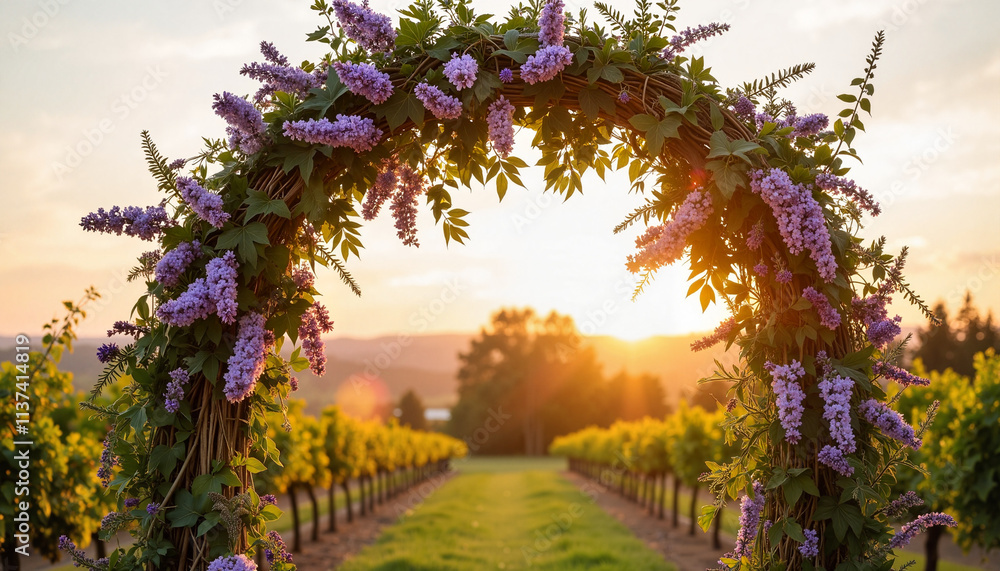 Fototapeta premium Charming floral arch with purple flowers at sunset in a beautiful vineyard for wedding decoration