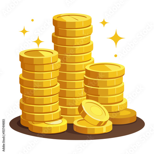 Stacks of shiny gold coins symbolize wealth accumulation and financial success in a bright, vibrant setting