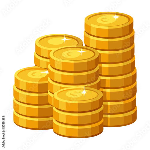 Stacks of shiny gold coins symbolize wealth accumulation and financial success in a bright setting